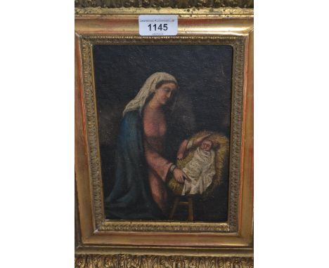 18th / 19th Century oil on canvas laid on panel, portrait of the Madonna with infant Christ, heavy gilt framed, 8.5ins x 6ins