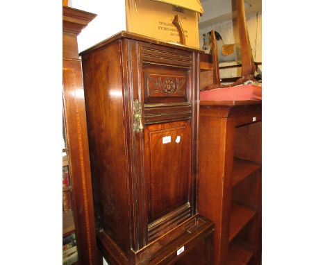 Late Victorian bedside cabinet with a single carved and panelled door together with a small oak gate leg table on barley twis