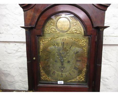 George III mahogany longcase clock, the arched hood with swan neck pediment above shaped line inlaid door flanked by quarter 