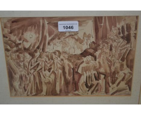19th Century monochrome watercolour, interior scene with a large group of figures, watercolour, view of a gate and trees and 