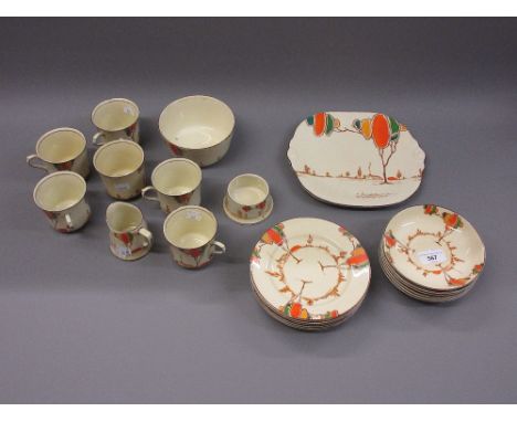 T.G. Green and Co. Ltd, a six place settting ' Over the Hill ' pattern tea service in the style of Clarice Cliff (slight dama