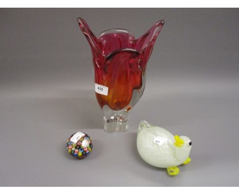 Murano glass millefiori paperweight, Murano type glass vase and a glass figure of a duck 