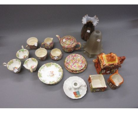 Three Victorian hand painted cups and saucers, floral decorated two piece tea service, multi coloured glass vase, souvenir ca