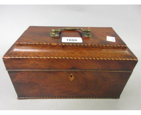 George III mahogany and barber's pole inlaid two division tea caddy with brass swan neck handle (hinge at fault), 5.5ins high