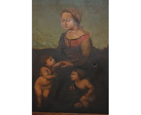 Early 19th Century maplewood framed oil on canvas, portrait of the Madonna and Child with the infant John the Baptist, 20ins 