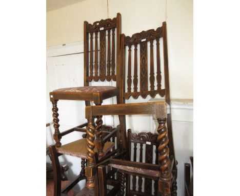 Near matching 1930's oak dining room suite, comprising: set of six chairs, a rectangular extending dining table on bulbous en