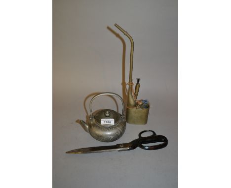 Japanese patinated metal teapot, a brass opium pipe and a pair of drapers shears 