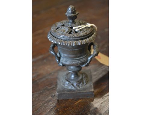 Regency brown patinated bronze pot pourri urn, 5ins high 