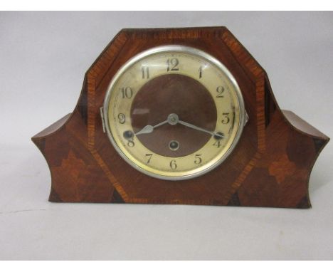 Art Deco walnut and inlaid three train mantel clock and a reproduction aneroid barometer 