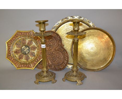 Pair of 19th Century gilt brass fluted column candlesticks together with another brass adjustable column candlestick and four