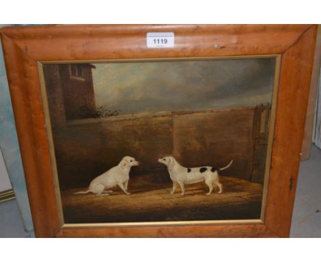 19th Century maplewood framed oil on canvas, portrait of two dogs in a yard, 11ins x 13ins 