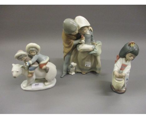 Lladro group of two children, together with another of a Geisha and a Nao figureThe bear and children piece is a Lladro as is