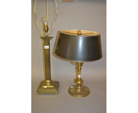 Brass Corinthian column table lamp together with another brass three light table lamp with shade 
