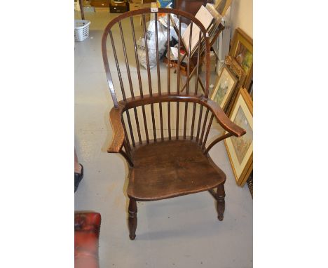 19th Century elm and oak stick back armchair on turned supports with H stretcher (cut down) 