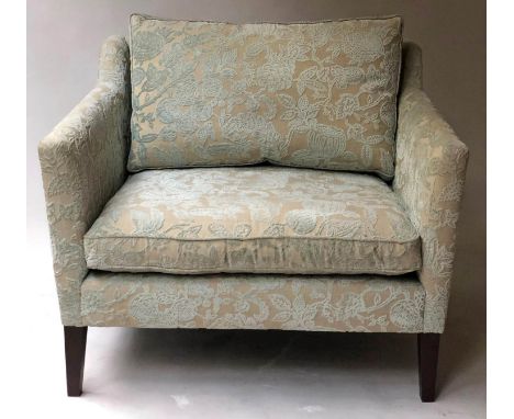 SOFA, small two seater taupe foliate linen upholstered with back and seat cushions and square tapering supports, 105cm W.