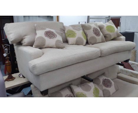 SOFA, contemporary country house style, herringbone fabric finish, with floral design scatter cushions, 225cm W. (with faults