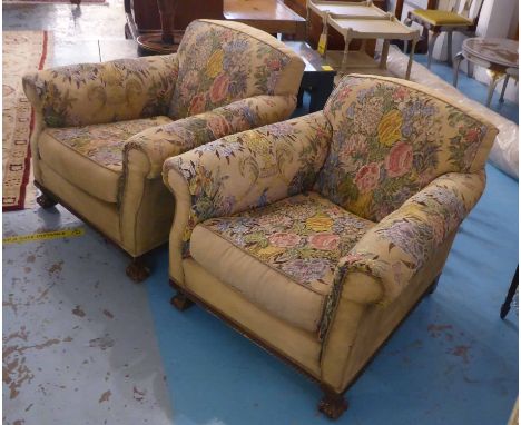 J.S. KINSEY MANCHESTER ARMCHAIRS, a pair, early 20th century with floral tapestry patterned upholstery on short ball and claw