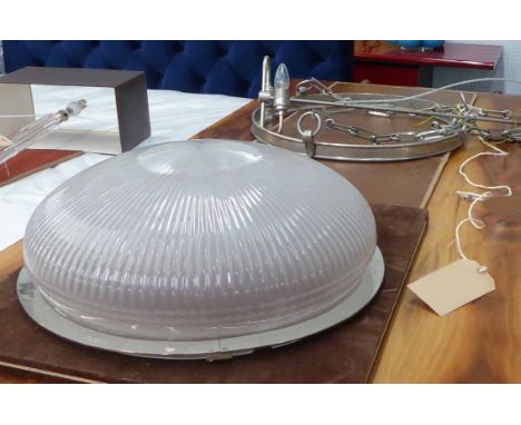 HANGING CEILING LIGHT, with a ribbed glass shade, approx 51cm x 94cm H.