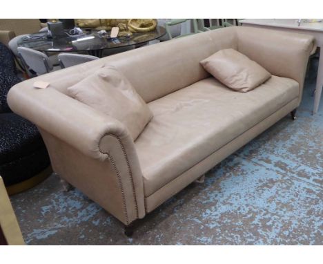 SOFA, traditional style, in leather with studded detail, 89cm D x 225cm W x 79cm H. 