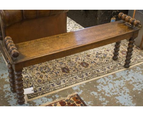 HALL BENCH, Victorian oak with a rectangular seat on bobbin turned supports, 121cm W x 53cm H x 26cm D. (minor faults)