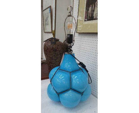 ANDREW MARTIN ERNEST TABLE LAMP, turquoise glass, with shade, base 32cm w x 39cm H. 