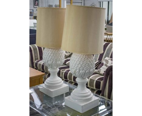 TABLE LAMPS, by Casa Pupo, a pair, Portuguese white glazed ceramic of pineapple form, 45cm w x 113cm H including shades. (wit