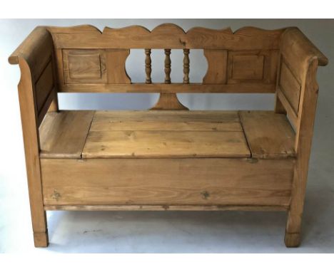 SETTLE, vintage Swedish style, pine, with scroll arms and lift up seat, 123cm W.