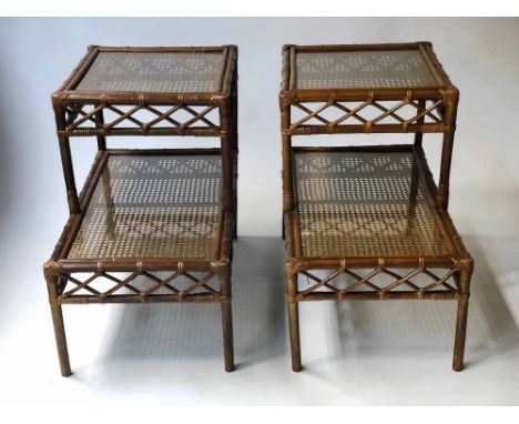 BEDSIDE/LAMP TABLES, a pair, two tier wicker and cane trellis panelled with glass tops, 61cm H x 42cm W x 67cm D. (2)
