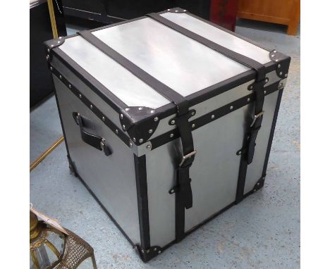 TRUNK, aviator style with leather detailing, rise up top, 56cm x 56cm x 56cm. (slight faults)
