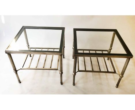 LAMP TABLES, a pair, Regency style silvered metal, each square with reeded supports and slatted under tier, 46cm x 46cm x 41c