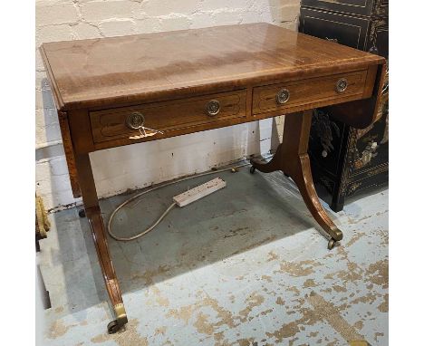 SOFA TABLE, Regency mahogany satinwood banded and purplewood inlaid with two real drawers and dummy drawers to verso, 93cm W 