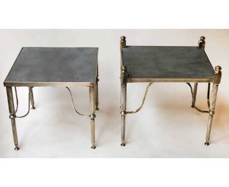 LAMP TABLES, two similar Julian Chichester style silvered each with grained leather tops and reeded supports, 41cm x 41cm x 4