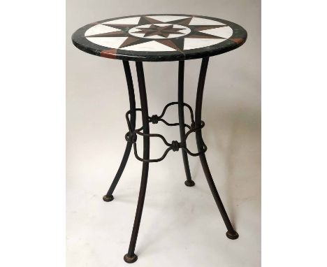 PIETRA DURA LAMP TABLE, circular compass inlaid marble on cast iron support, 74cm H x 56cm diam.