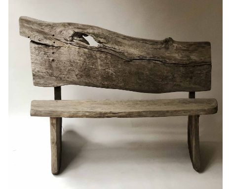 RUSTIC GARDEN BENCH, weathered sawn oak with slab back and seat, 136cm W.