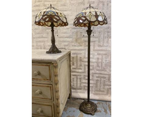 TIFFANY STYLE FLOOR LAMP, 150cm H, together with a matching Tiffany style table lamp, 60cm H. (2)