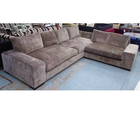 CORNER SOFA, in a textured brown chenille, main section 325cm W x 110cm D x 70cm H, return 147cm W x 112cm D x 70cm H. (2) (l