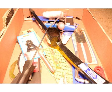 BOX OF VARIOUS AS NEW TOOLS TO INCLUDE PICK AXE HEAD