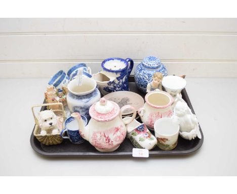 TRAY OF VARIOUS MIXED CERAMICS TO INCLUDE BOOTHS REAL OLD WILLOW PATTERN TEA WARES, MODERN CHINESE BLUE AND WHITE GINGER JAR,