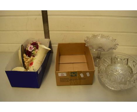 TWO BOXES MIXED CERAMICS AND GLASS TO INCLUDE A ROYAL WINTON VASE, CERAMIC FLOWERS, GLASS BOWLS, GLASS TAZZA, JUG AND OTHER I