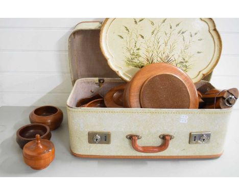CASE CONTAINING VARIOUS TURNED WOODEN BOWLS, SHOE STRETCHERS, WOODEN NUT CRACKER AND OTHER ITEMS