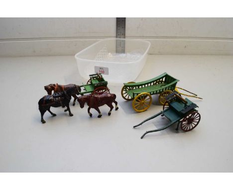 THREE DIE-CAST HORSE AND CARRIAGE/CART MODELS BY BRITAINS AND CHARBENS