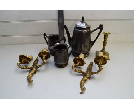 MIXED LOT COMPRISING A PEWTER THREE PIECE TEA SERVICE, A PAIR OF CAST METAL WALL LIGHTS AND A BRASS CANDLESTICKS