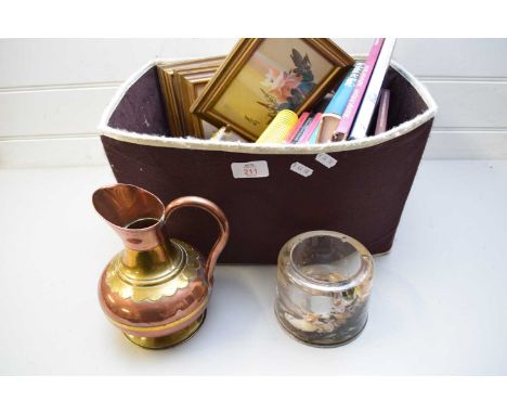 BOX OF VARIOUS ANTIQUES GUIDE BOOKS, FRAMED ORIENTAL PRINT, BRASS AND COPPER JUG AND OTHER ITEMS