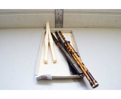 MIXED LOT COMPRISING IVORY GLOVE STRETCHERS, UNUSUAL TORTOISESHELL MOUNTED KNIFE AND CHOPSTICK SET AND OTHER ITEMS