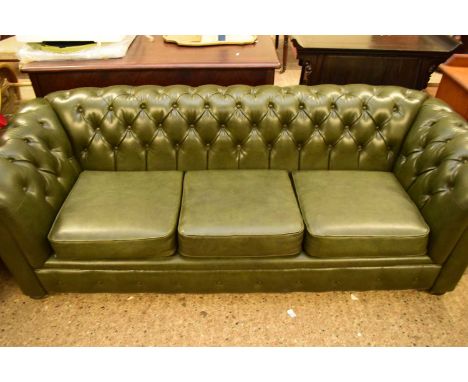 GREEN LEATHER THREE SEATER CHESTERFIELD SOFA