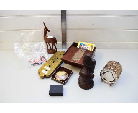 MIXED LOT OF BRASS CRIBBAGE BOARD, SMALL SILVER PLATED DISHES, BOX OF GAMING COUNTERS, MODEL OF AN EAGLE ETC