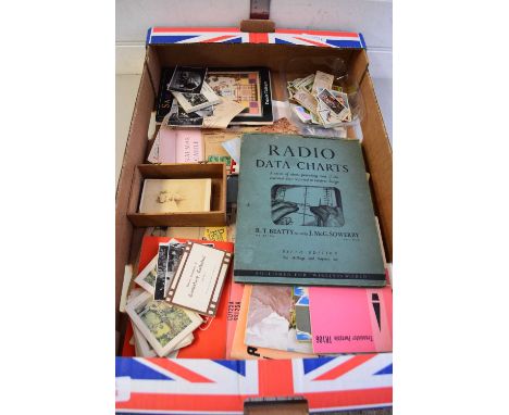 BOX CONTAINING VARIOUS CIGARETTE CARDS, RADIO DATA CHARTS BOOK, VINTAGE PHOTOGRAPHS ETC