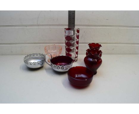 MIXED LOT COMPRISING PAIR OF SMALL RED GLASS VASES, JUG AND SUGAR BOWL WITH RED GLASS LINERS, A FRENCH MID-CENTURY ART GLASS 