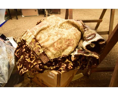 VINTAGE BROWN VELOUR AND FLORAL DECORATED CURTAINS