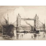 20th Century English School. "The Tower Bridge", with the Steam Boat 'Victoria' Docked, Etching,